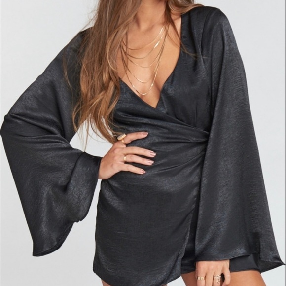 Show Me Your MuMu Pants - Show Me Your Mumu Wrap Black Sheen Satin Romper